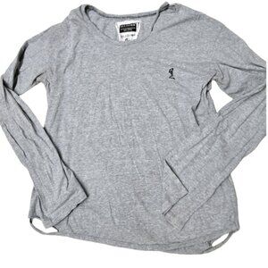 KILLER GRAY LONG SLEEVE TEE BY RELIGION. PERFECTLY TORN-PERFECTLY WORN. LARGE US